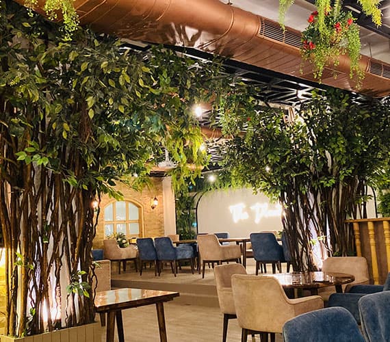 Indoor dining room at The Plant Story with tall indoor trees, hanging greenery and blue velvet chairs